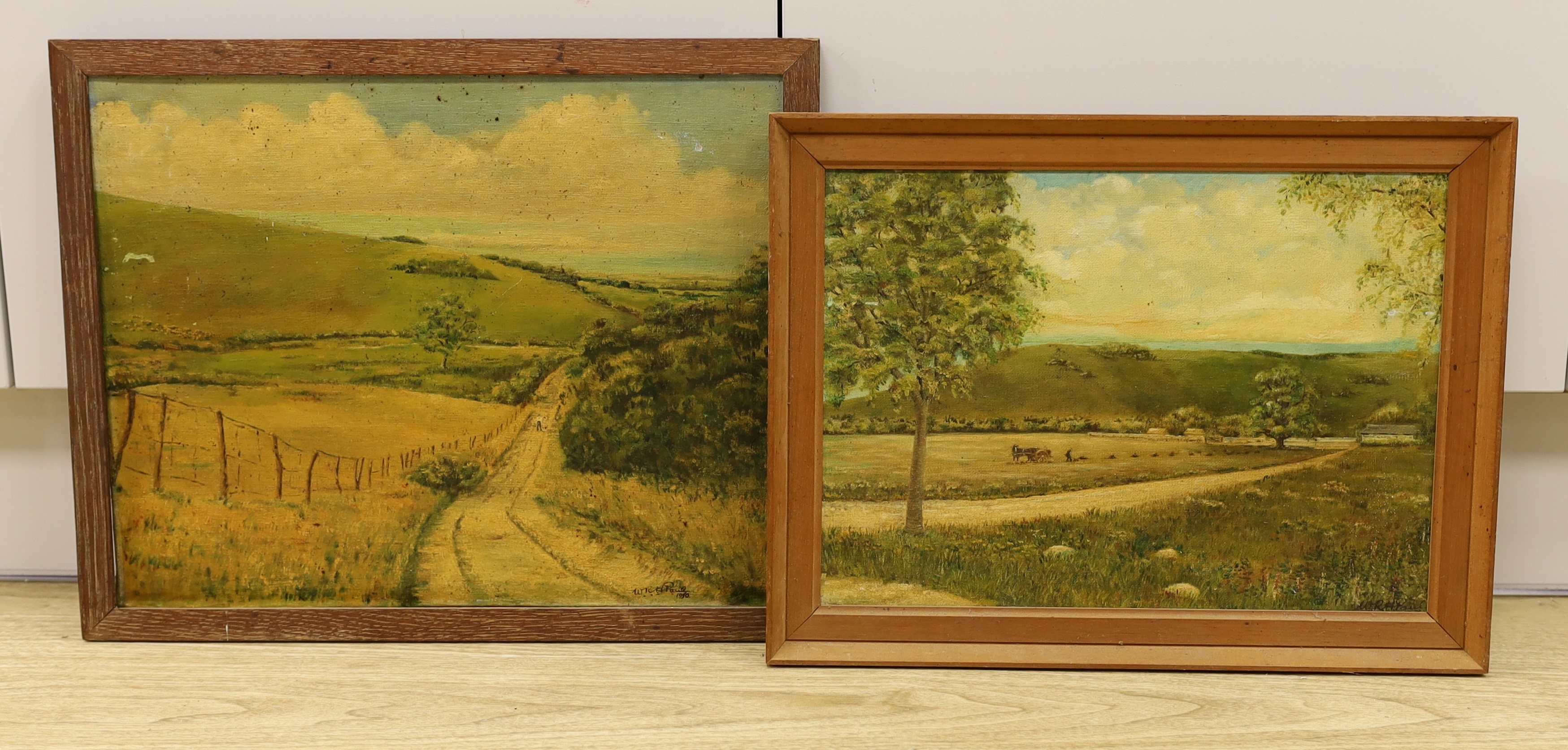 W.R.H Paul, two oils on canvas, Eastbourne, 'The Piggery Green Street Farm' and 'Path to Jevington', signed and dated c.1950, largest 34 x 42cm